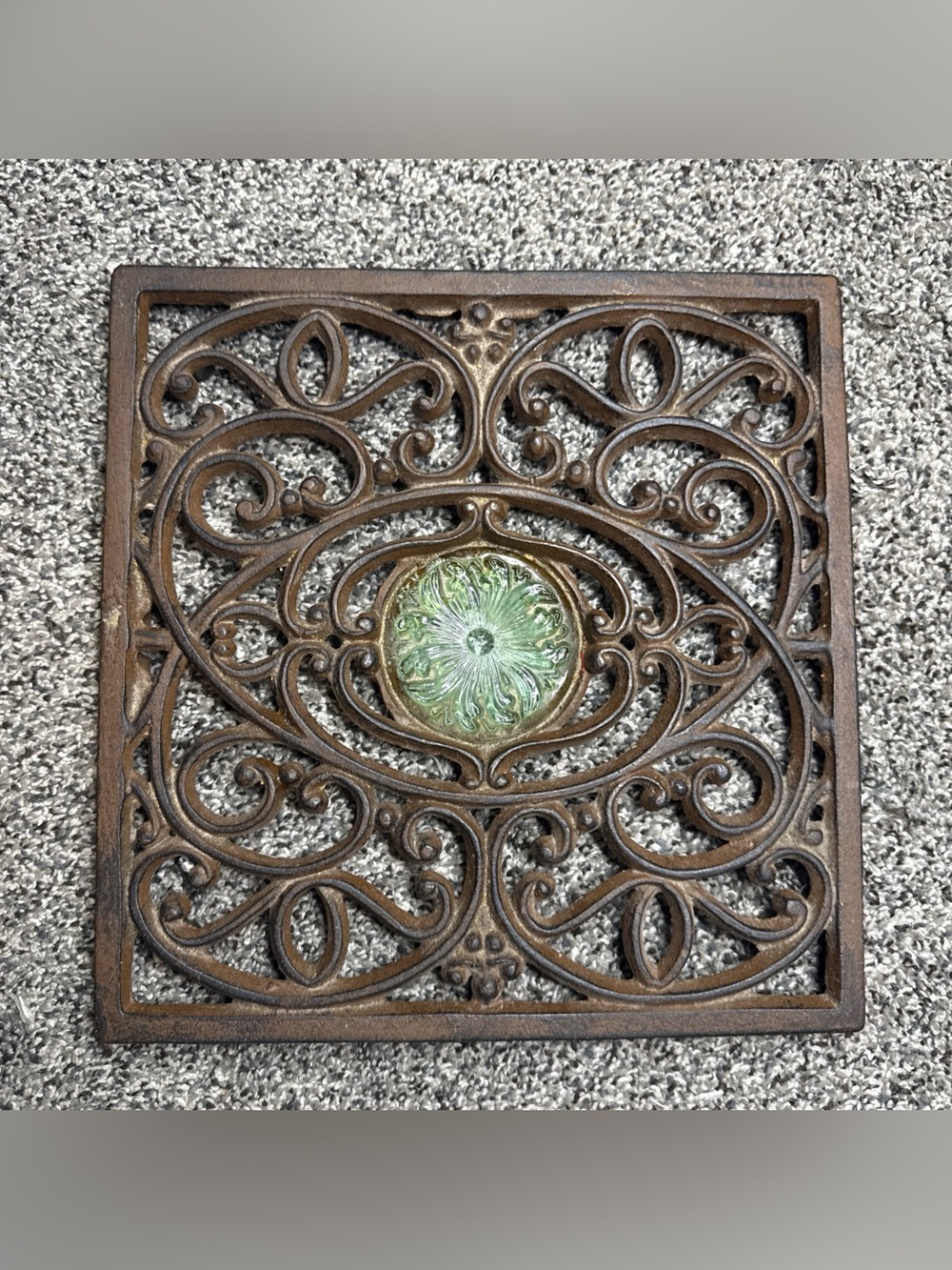 Antique Iron Metal 9.5”x9.75” Lattice Designed Jeweled Patina Trivet Cover  4lbs